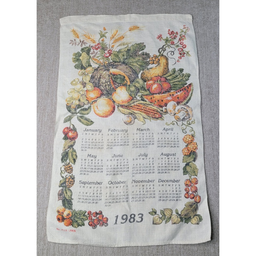 Calendar Tea Towel Cream 1983 Fruit Harvest Pure Linen Vintage